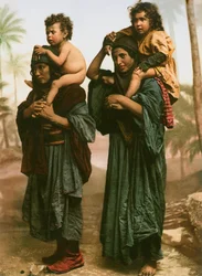 Beduinkvinnor och barn från norra Palestina med tatuerade ansikten, omkring 1880-1900